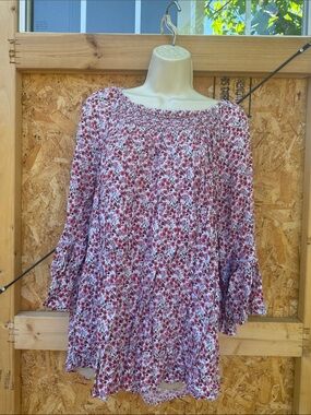 Terra & Sky Red and White Floral Smocked Off-Shoulder Top